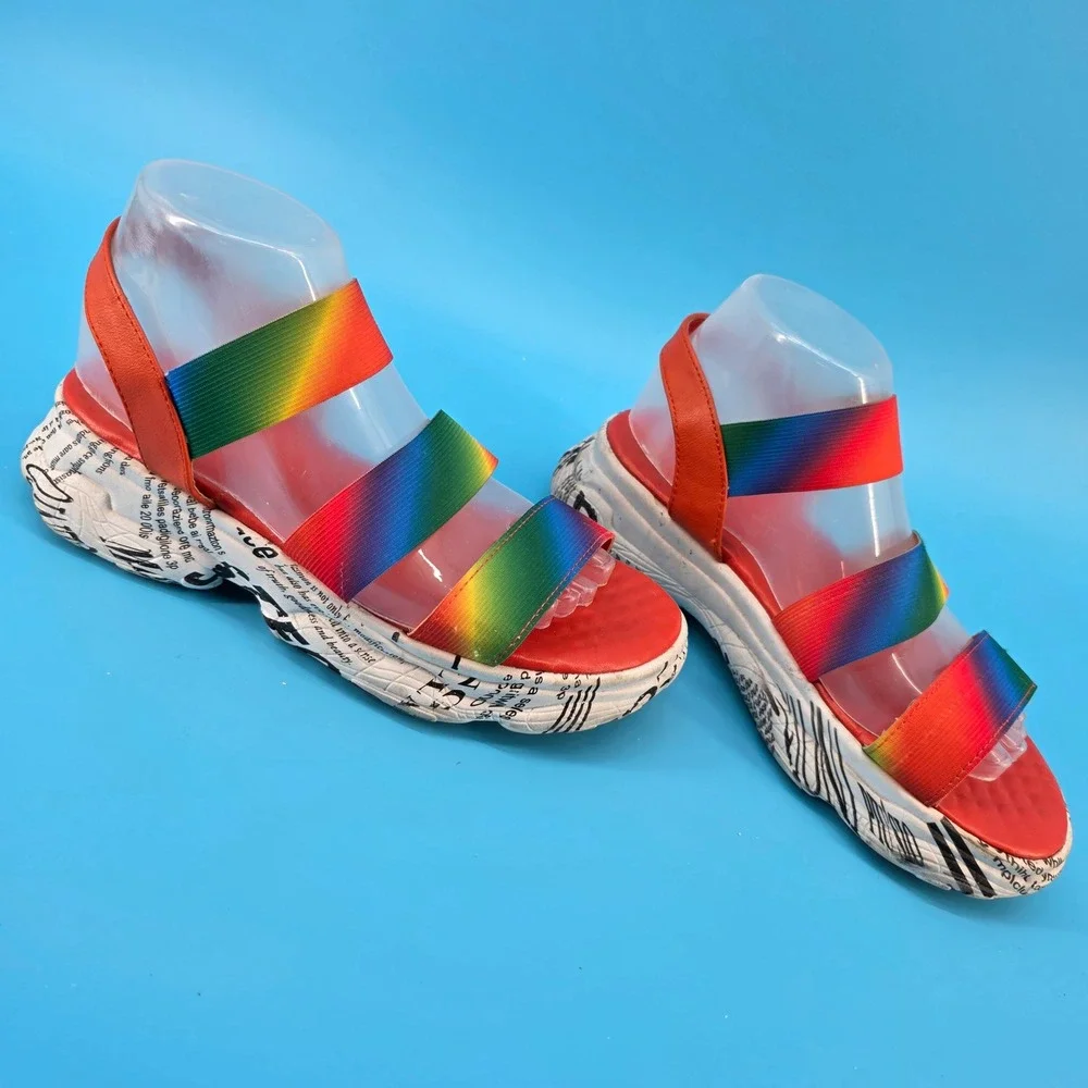 Rouge‎ Helium Rainbow Elastic Strap Newsprint Platform Sandals Red Womens 37.5